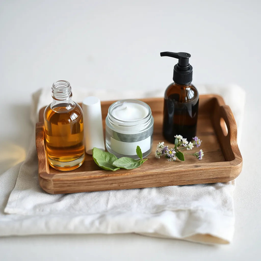 Organic skincare bottles and cream jar on a wooden tray with fresh leaves and flowers