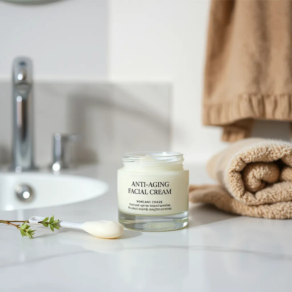 Anti-aging facial cream jar with a small spatula on a clean, softly lit vanity