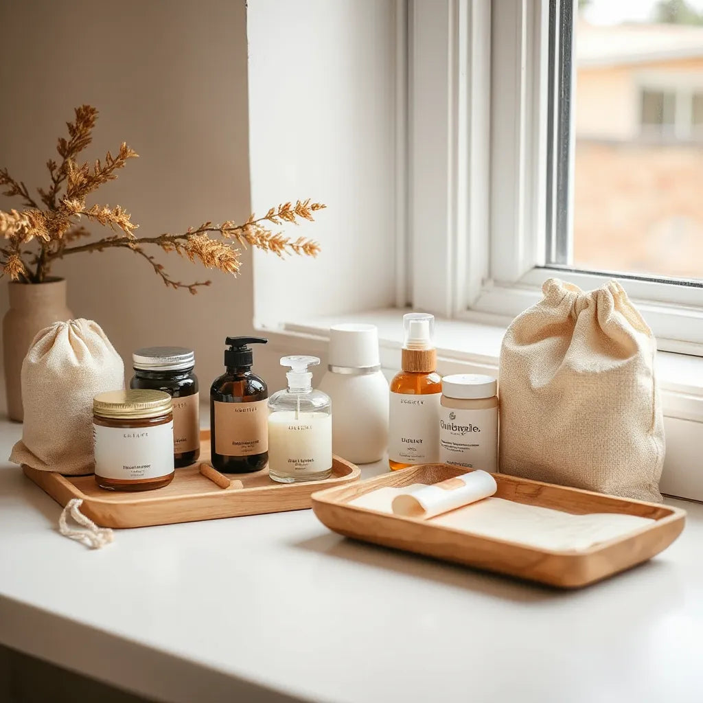 Glass and paper packaged skincare products on a wooden tray with a cotton pouch
