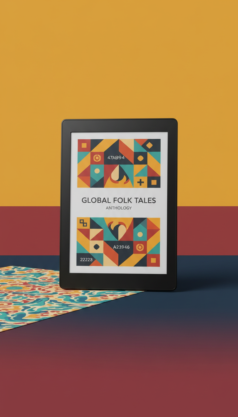 Black e-reader displaying a colorful geometric cover for Global Folk Tales.