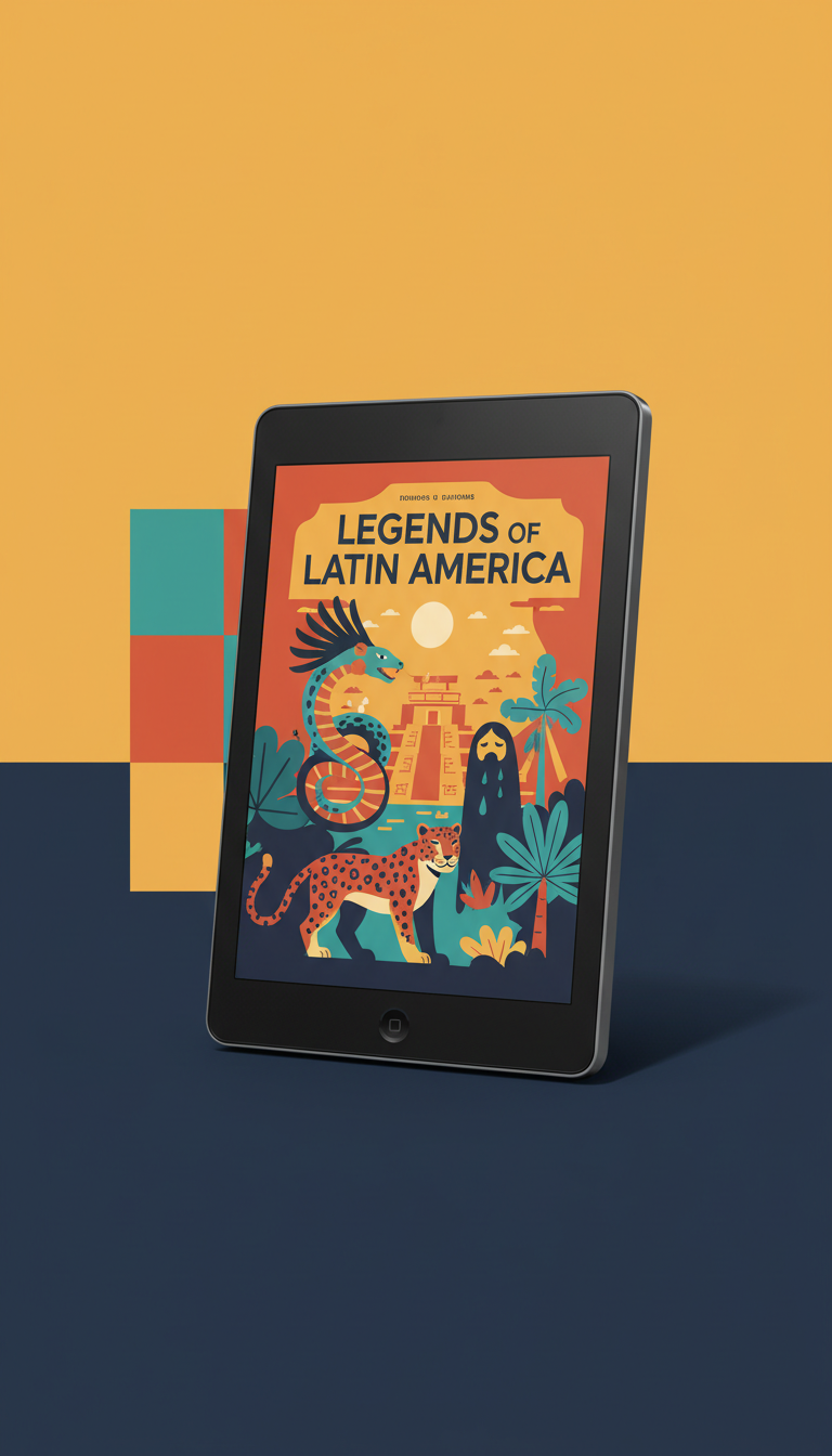 Black tablet displaying a colorful 'Legends of Latin America' book cover.