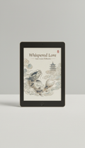 Black tablet displaying an e-book cover with a stylized fish and pagoda in clouds.