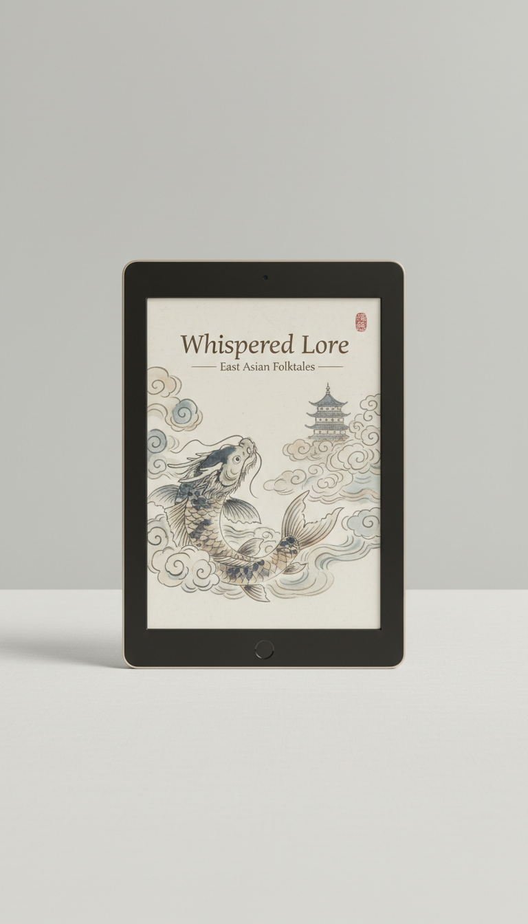 Black tablet displaying an e-book cover with a stylized fish and pagoda in clouds.
