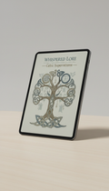 Angled tablet displays 'Whispered Lore: Celtic Superstitions' cover with a Celtic tree.