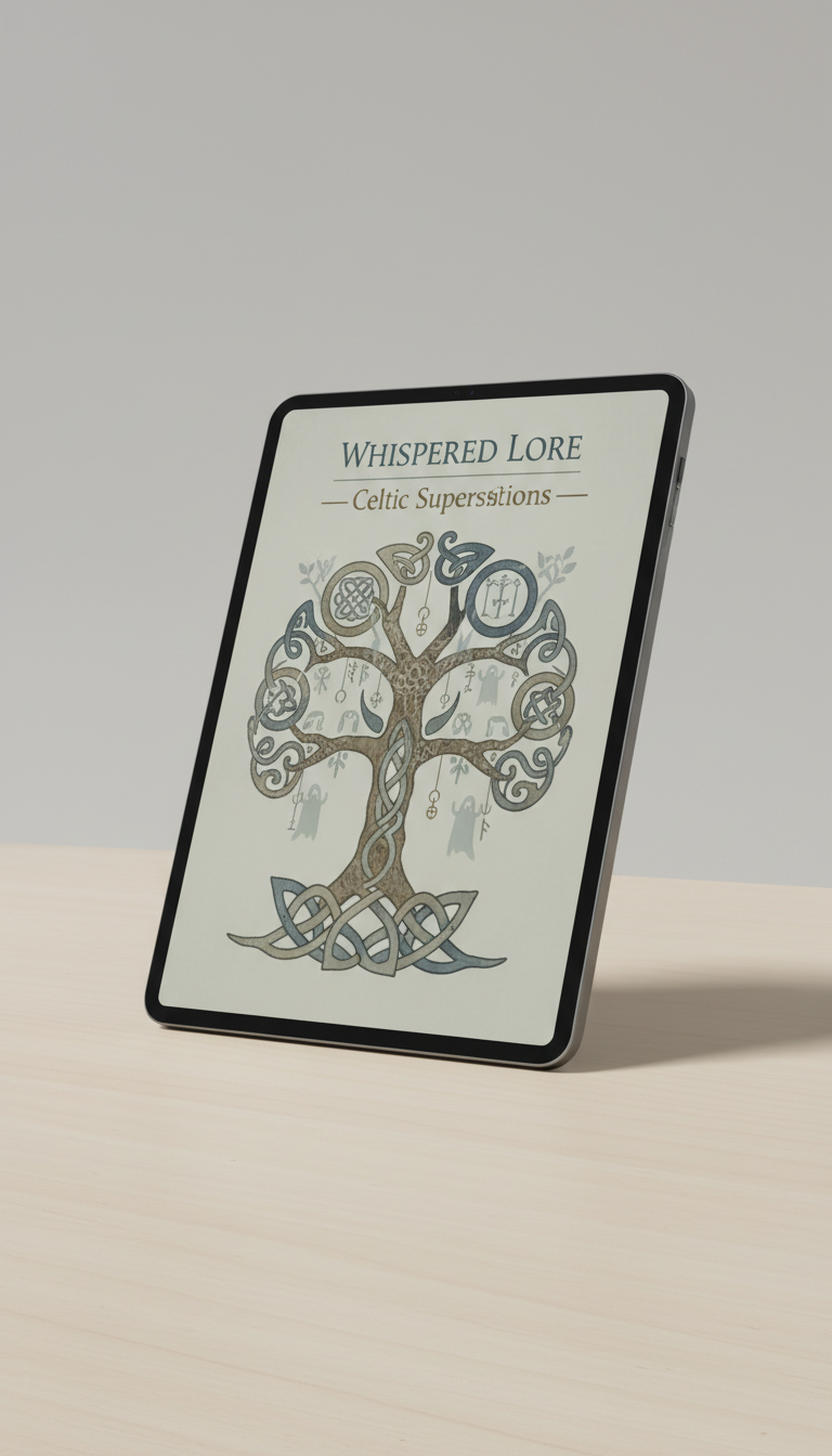 Angled tablet displays 'Whispered Lore: Celtic Superstitions' cover with a Celtic tree.
