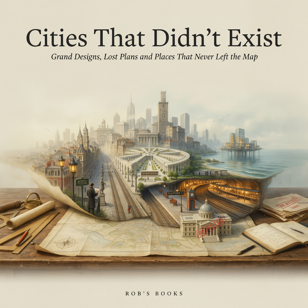 Cities That Didn’t Exist Kindle eBook cover with city skyline over map and notes
