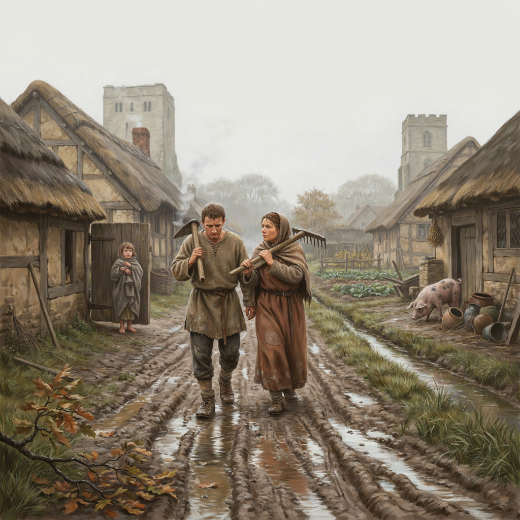 Medieval peasant life book cover illustration with villagers walking down a muddy road