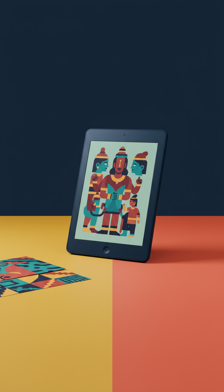 A dark blue tablet displays a colorful mythological illustration on a multi-colored background.