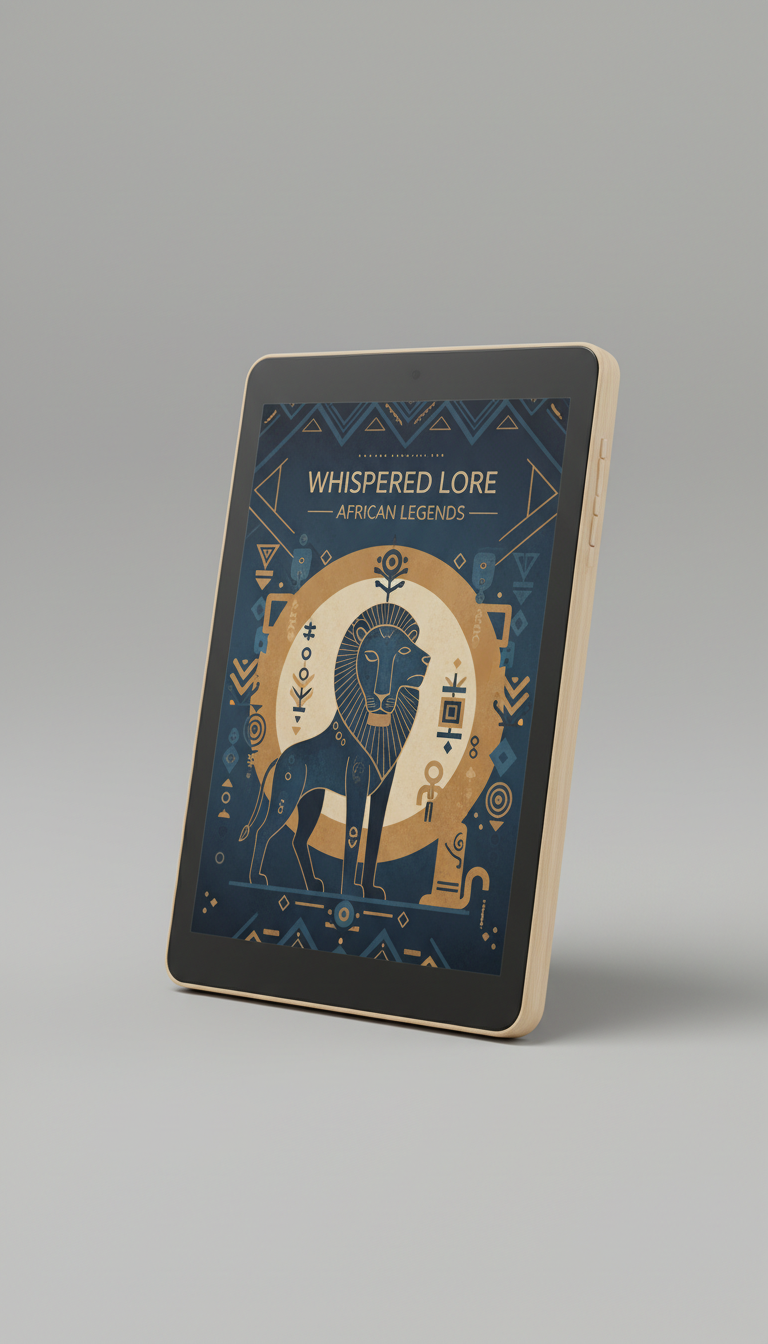 Angled tablet with a wooden frame displaying 'Whispered Lore: African Legends' cover.